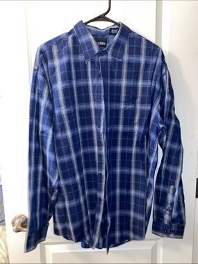 Puritan Men's Plaid Long Sleeve Button Down Shirt Blue Size Large